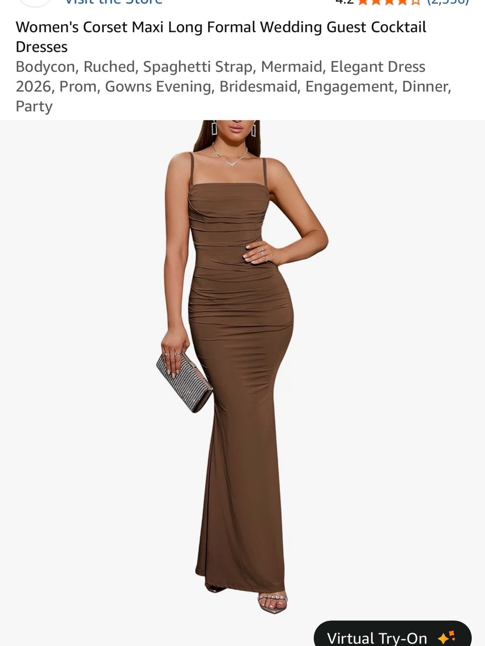 Elegant Brown Ruched Corset Maxi Dress with Spaghetti Straps